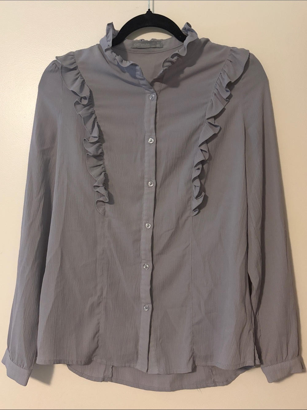 Octavia Ruffle Trim Button-Down Blouse - Gray - M